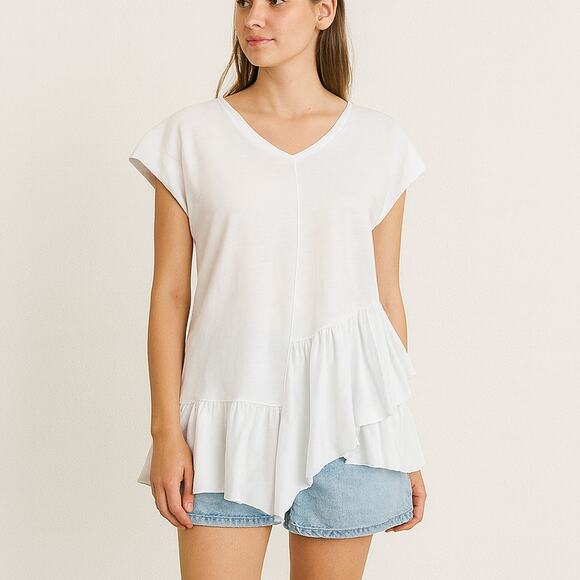 Sundance SZ XS Sleeveless V-Neck White Asymmetrical Ruffle Peplum Top - Picture 1 of 7